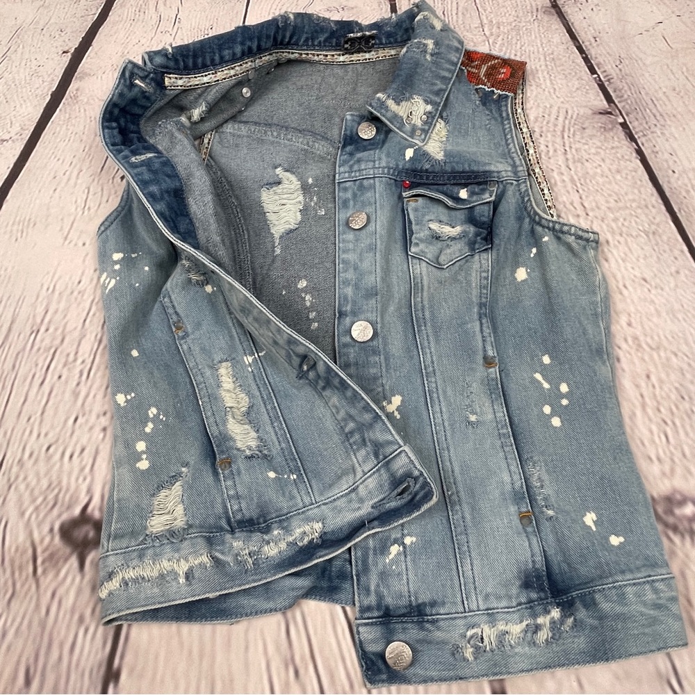 BERSHKA denim distressed vest with spikes beading, size S - Picture 12 of 16